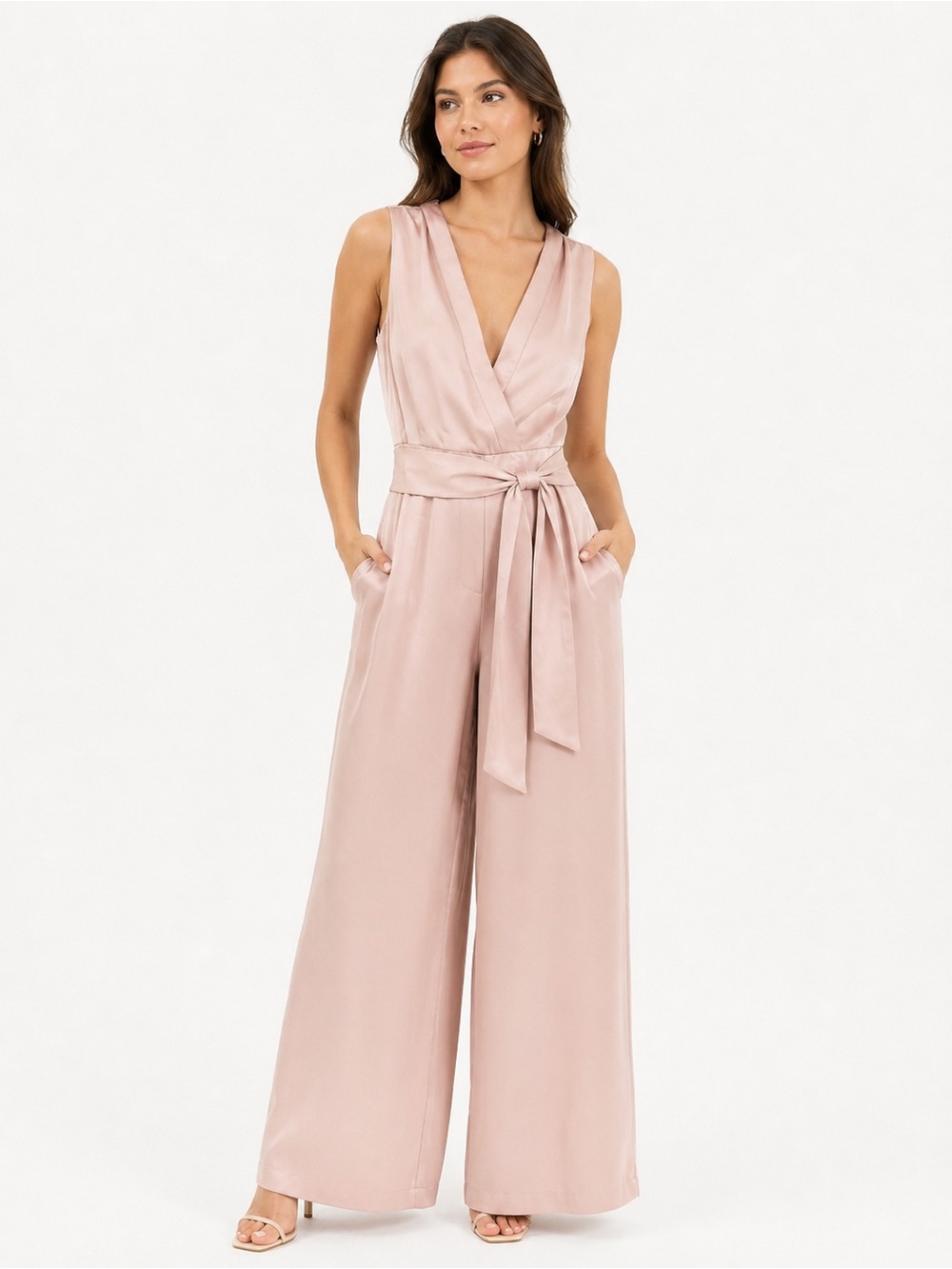 Giani Bini Sleeveless Satin Wrap Wide-Leg Jumpsuit in Dusty Blush
